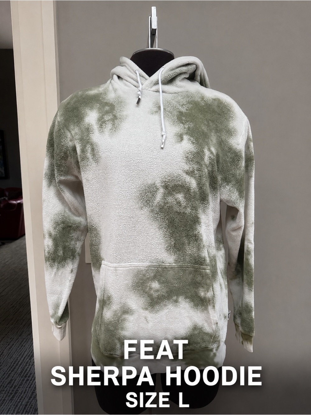 FEAT Sherpa Tie Dye Hoodie Pullover Sage Green Cream Cozy Sweatshirt-size-large